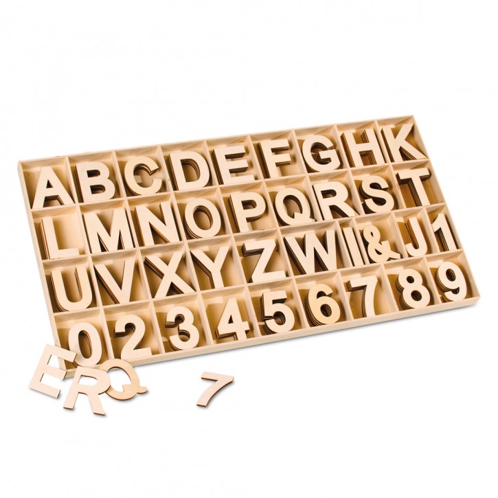 Display Streuer Holz, Buchstaben/ Zahlen, 78 x 40 x 3 cm / 80 x 5 mm, 37 x 5 Stk., roh